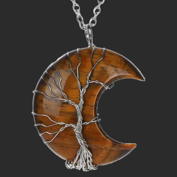 Tiger Eye Crescent Moon Natural Gemstone Tree Of Life Wire Wrap Pendant - Picture 2 of 2